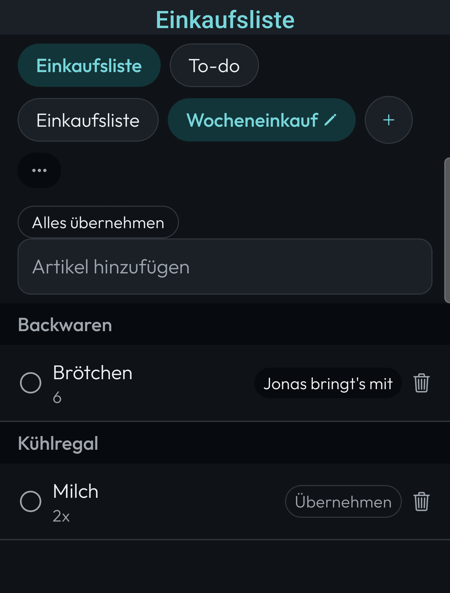 Einkaufsliste mit einem Artikel, den der Partner bereits mitbringt