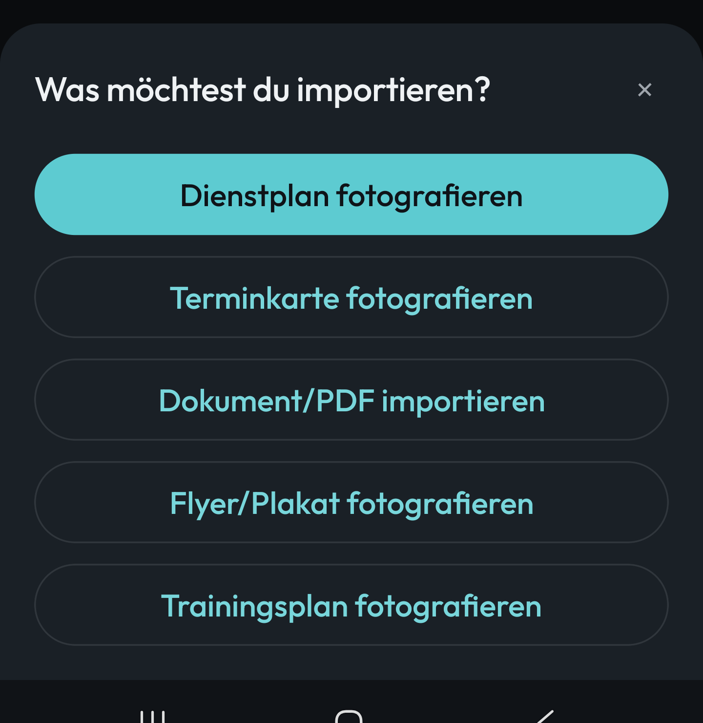 Auswahl-Dialog: Dienstplan, Terminkarte, Dokument, Flyer oder Trainingsplan fotografieren