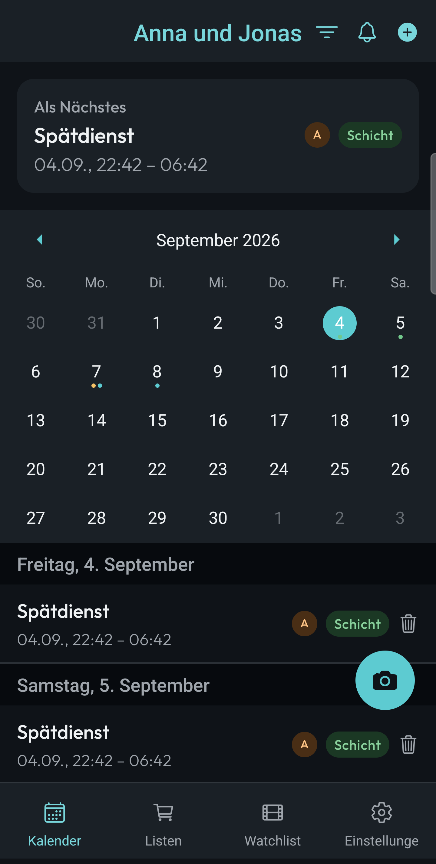 Gemeinsamer Kalender mit Schicht- und Freizeit-Terminen beider Partner